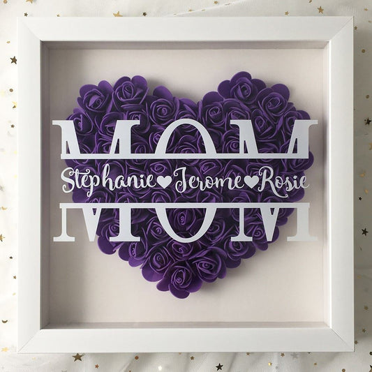 Mother's Day Flower Shadow Box, Personalized Mom DarkMagenta Heart Flower Shadow Box With Name For Mother's Day
