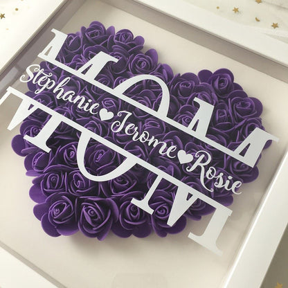Mother's Day Flower Shadow Box, Personalized Mom DarkMagenta Heart Flower Shadow Box With Name For Mother's Day
