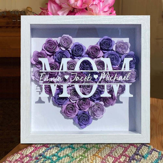 Mother's Day Flower Shadow Box, Personalized Mom DarkOrchid Mix Flower Shadow Box With Kids Name For Mother's Day