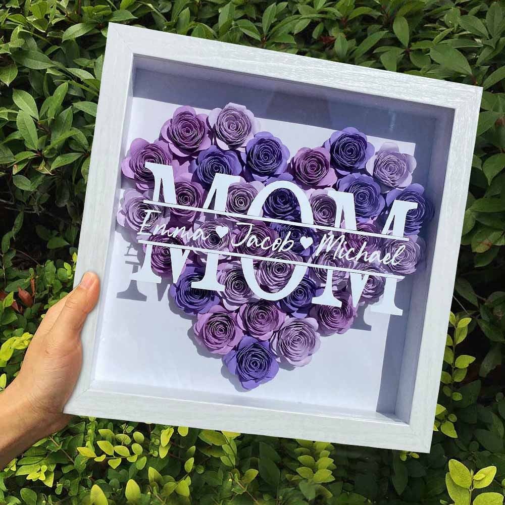 Mother's Day Flower Shadow Box, Personalized Mom DarkOrchid Mix Flower Shadow Box With Kids Name For Mother's Day