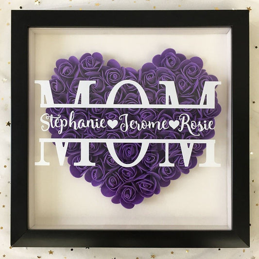 Mother's Day Flower Shadow Box, Personalized Mom DarkViolet Heart Flower Shadow Box With Name For Mother's Day