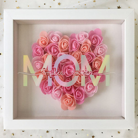 Mother's Day Flower Shadow Box, Personalized Mom DeepPink Heart Flower Shadow Box With Name