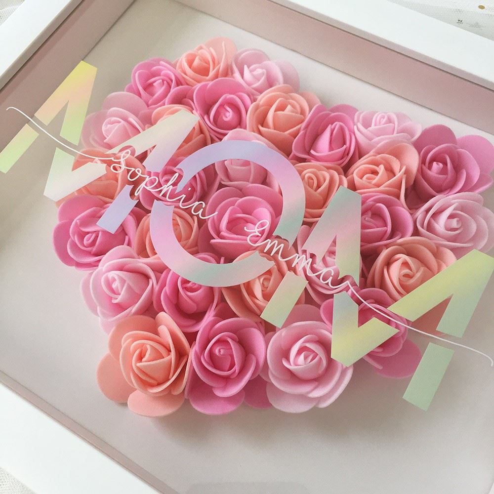 Mother's Day Flower Shadow Box, Personalized Mom DeepPink Heart Flower Shadow Box With Name