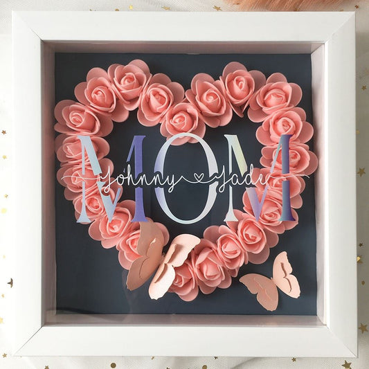 Mother's Day Flower Shadow Box, Personalized Mom DeepPink Heart Flower Shadow Box With Name For Mother's Day
