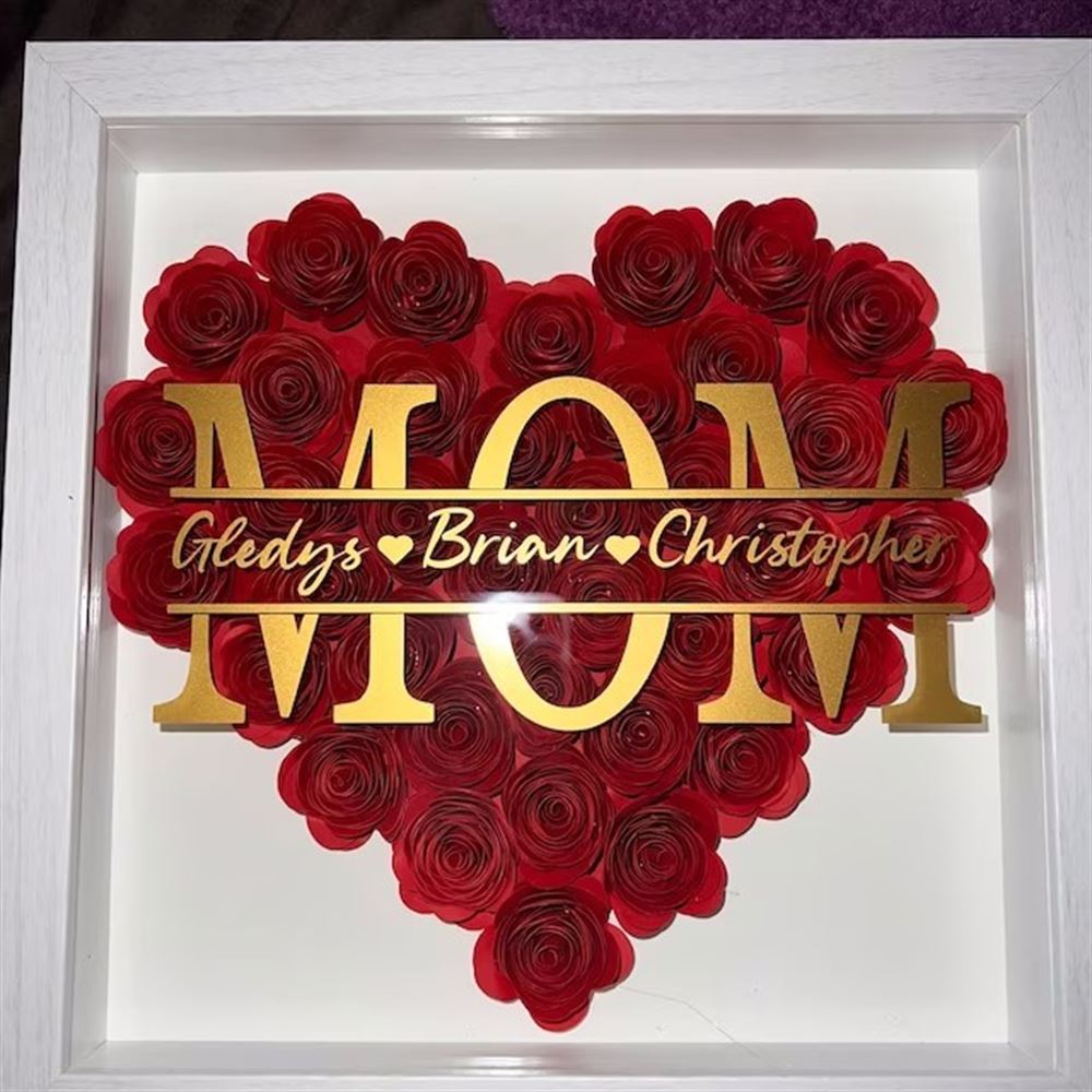 Mother's Day Flower Shadow Box, Personalized Mom FireBrick Heart Flower Shadow Box With Kids Name For Mother's Day Birthday