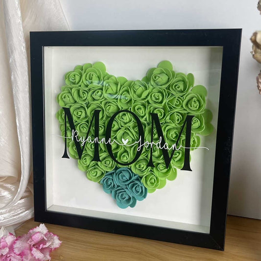 Mother's Day Flower Shadow Box, Personalized Mom Green Mix Flower Shadow Box With Kids Name For Grandma Mother's Day Gift