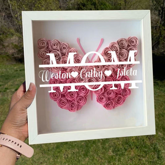 Mother's Day Flower Shadow Box, Personalized Mom Hot Pink Butterfly Shadow Box With Kids Name For Grandma Mother's Day Gift