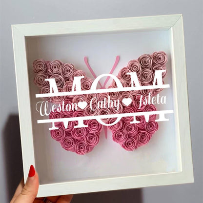 Mother's Day Flower Shadow Box, Personalized Mom Hot Pink Butterfly Shadow Box With Kids Name For Grandma Mother's Day Gift