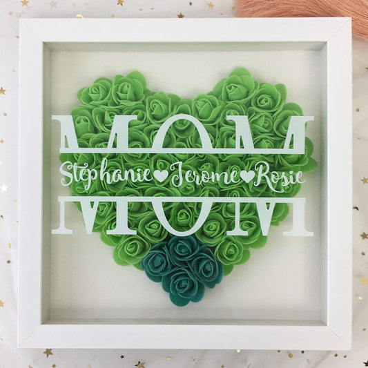 Mother's Day Flower Shadow Box, Personalized Mom LimeGreen Mix Heart Flower Shadow Box With Name For Mother's Day