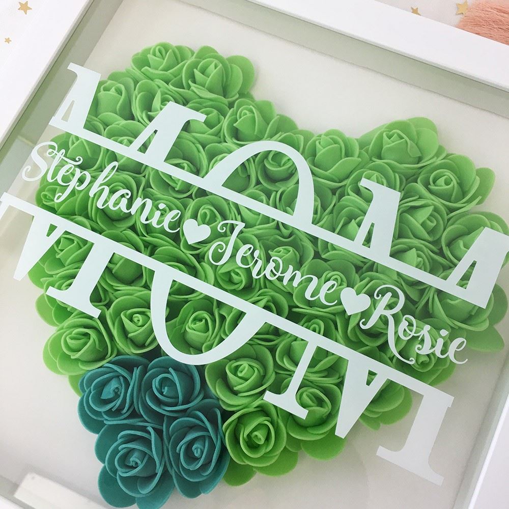 Mother's Day Flower Shadow Box, Personalized Mom LimeGreen Mix Heart Flower Shadow Box With Name For Mother's Day