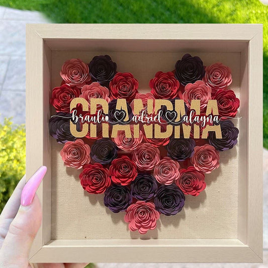 Mother's Day Flower Shadow Box, Personalized Mom Ombre Black Red Heart Flower Shadow Box With Kids Name For Mother's Day Birthday