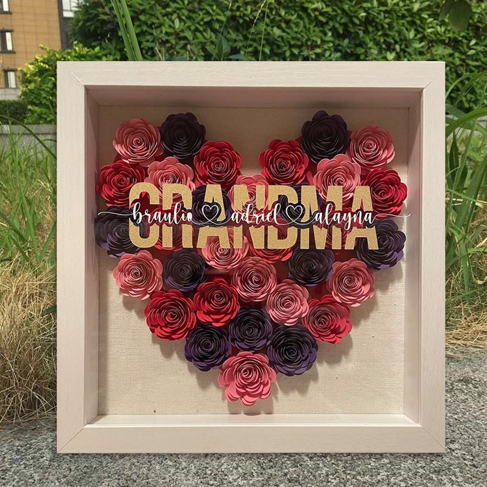 Mother's Day Flower Shadow Box, Personalized Mom Ombre Black Red Heart Flower Shadow Box With Kids Name For Mother's Day Birthday