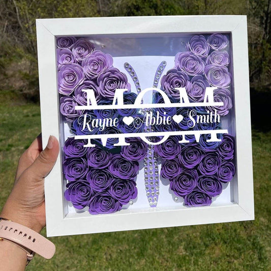 Mother's Day Flower Shadow Box, Personalized Mom Ombre BlueViolet Butterfly Shadow Box With Kids Name For Grandma Mother's Day Gift