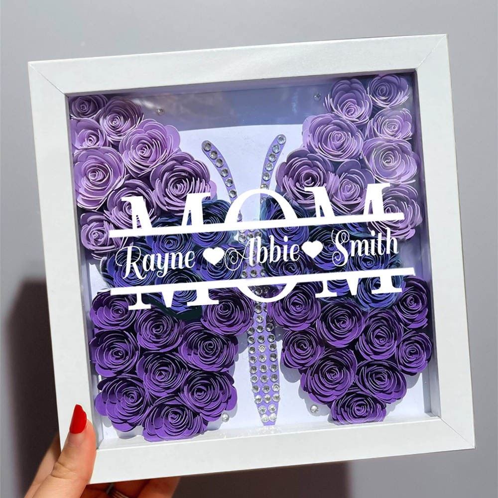 Mother's Day Flower Shadow Box, Personalized Mom Ombre BlueViolet Butterfly Shadow Box With Kids Name For Grandma Mother's Day Gift