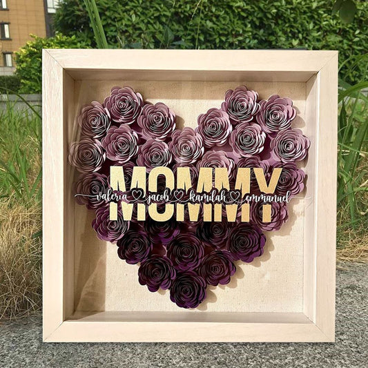 Mother's Day Flower Shadow Box, Personalized Mom Ombre DarkMagenta Heart Flower Shadow Box With Kids Name For Mother's Day Birthday