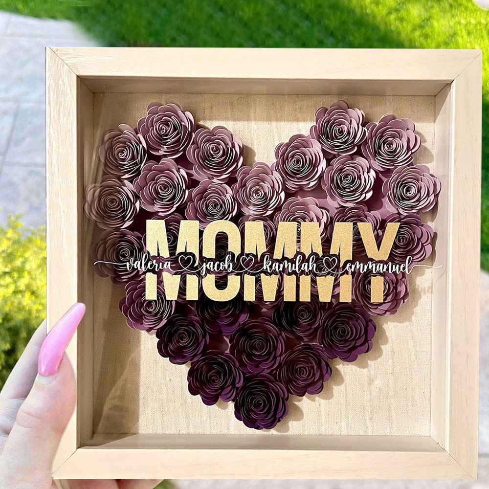 Mother's Day Flower Shadow Box, Personalized Mom Ombre DarkMagenta Heart Flower Shadow Box With Kids Name For Mother's Day Birthday