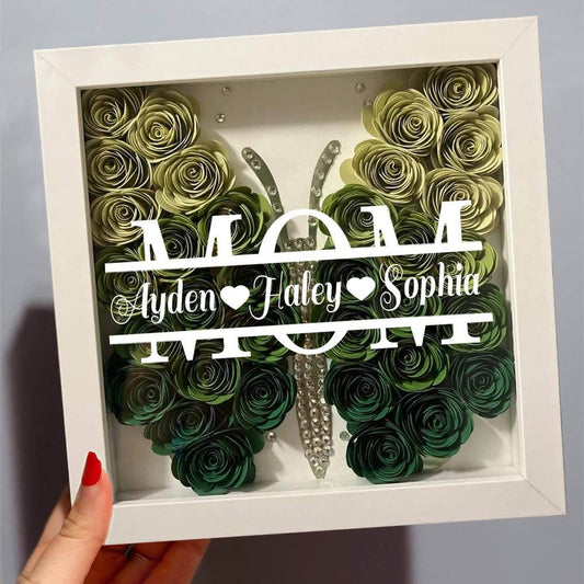 Mother's Day Flower Shadow Box, Personalized Mom Ombre ForestGreen Butterfly Shadow Box With Kids Name For Grandma Mother's Day Gift