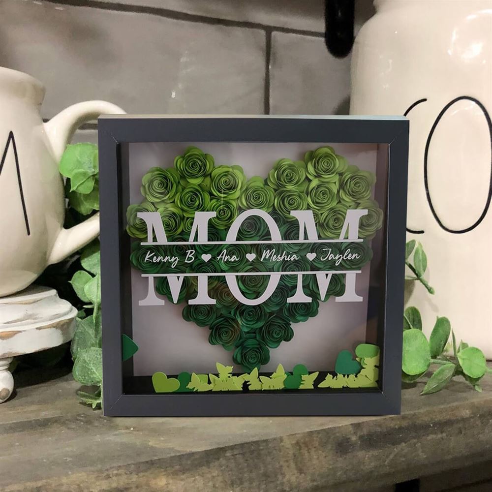 Mother's Day Flower Shadow Box, Personalized Mom Ombre LawnGreen Flower Shadow Box With Kids Name For Mother's Day