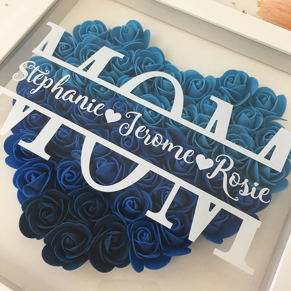 Mother's Day Flower Shadow Box, Personalized Mom Ombre MediumBlue Heart Flower Shadow Box With Name For Mother's Day