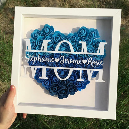 Mother's Day Flower Shadow Box, Personalized Mom Ombre MediumBlue Heart Flower Shadow Box With Name For Mother's Day