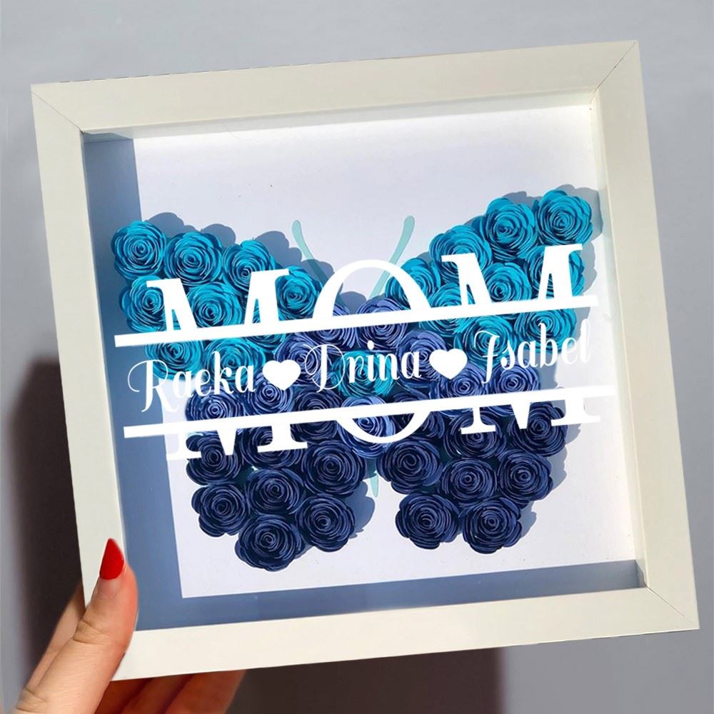 Mother's Day Flower Shadow Box, Personalized Mom Ombre Navy Butterfly Shadow Box With Kids Name For Grandma Mother's Day Gift