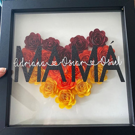 Mother's Day Flower Shadow Box, Personalized Mom Ombre Yellow Mix Orange Heart Flower Shadow Box With Kids Name For Mother's Day Birthday