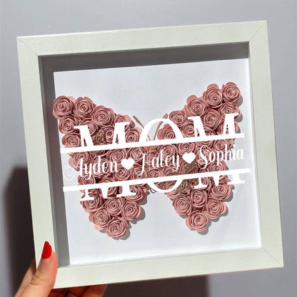 Mother's Day Flower Shadow Box, Personalized Mom Pink Butterfly Shadow Box With Kids Name For Grandma Mother's Day Gift