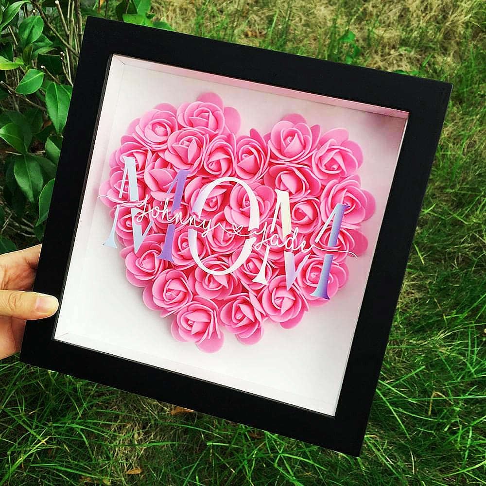 Mother's Day Flower Shadow Box, Personalized Mom Pink Heart Flower Shadow Box With Name For Mother's Day