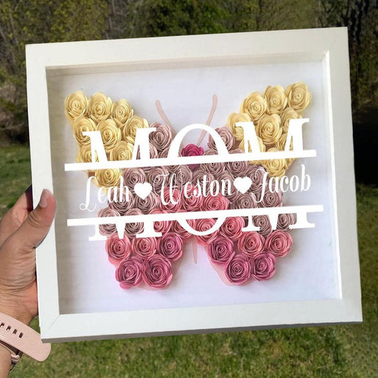 Mother's Day Flower Shadow Box, Personalized Mom Pink Mix Butterfly Shadow Box With Kids Name For Grandma Mother's Day Gift