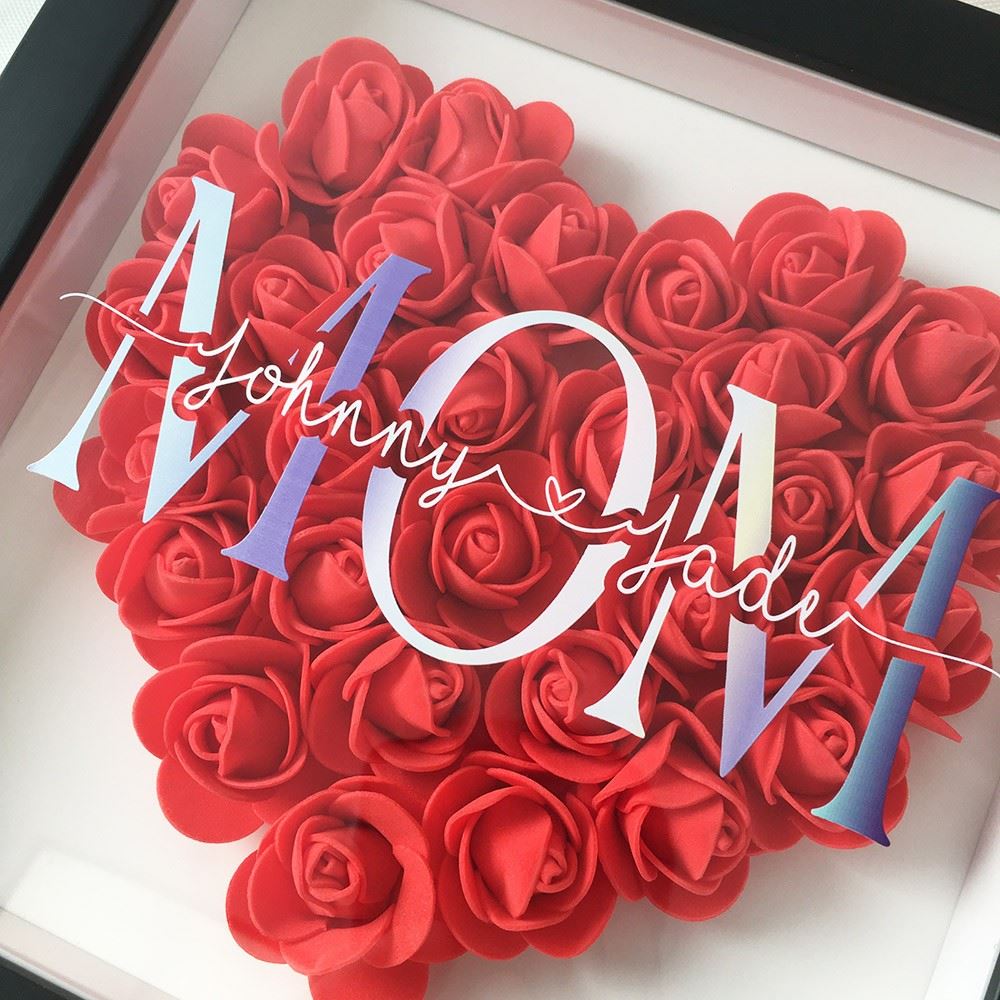 Mother's Day Flower Shadow Box, Personalized Mom Red Heart Flower Shadow Box With Name