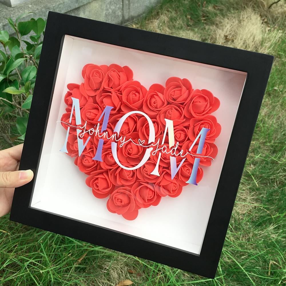 Mother's Day Flower Shadow Box, Personalized Mom Red Heart Flower Shadow Box With Name