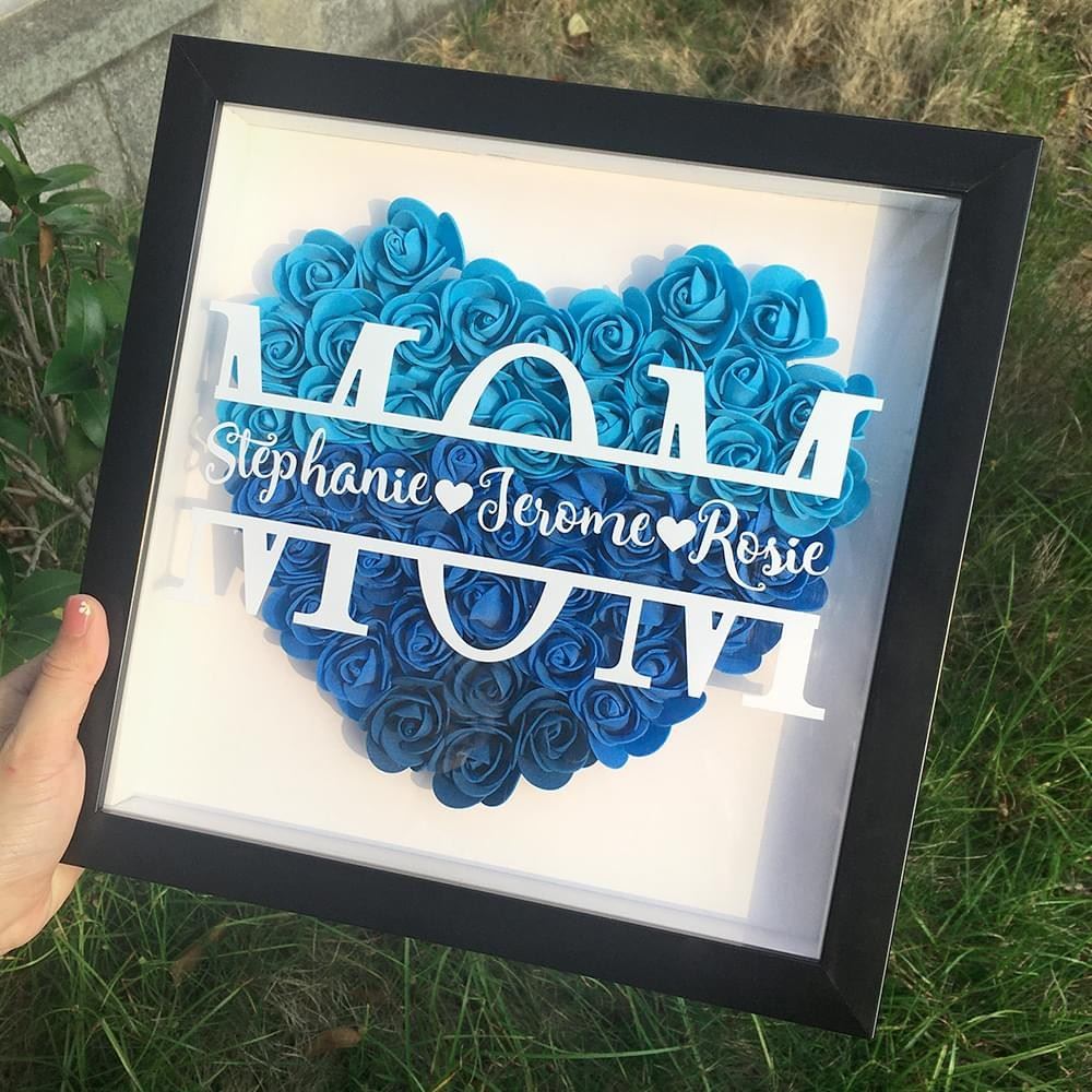 Mother's Day Flower Shadow Box, Personalized Mom RoyalBlue Heart Flower Shadow Box With Name For Mother's Day