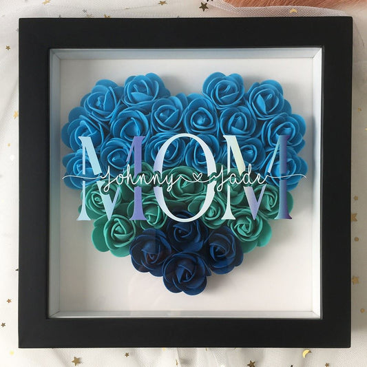 Mother's Day Flower Shadow Box, Personalized Mom Turquoise Heart Flower Shadow Box With Name For Mother's Day