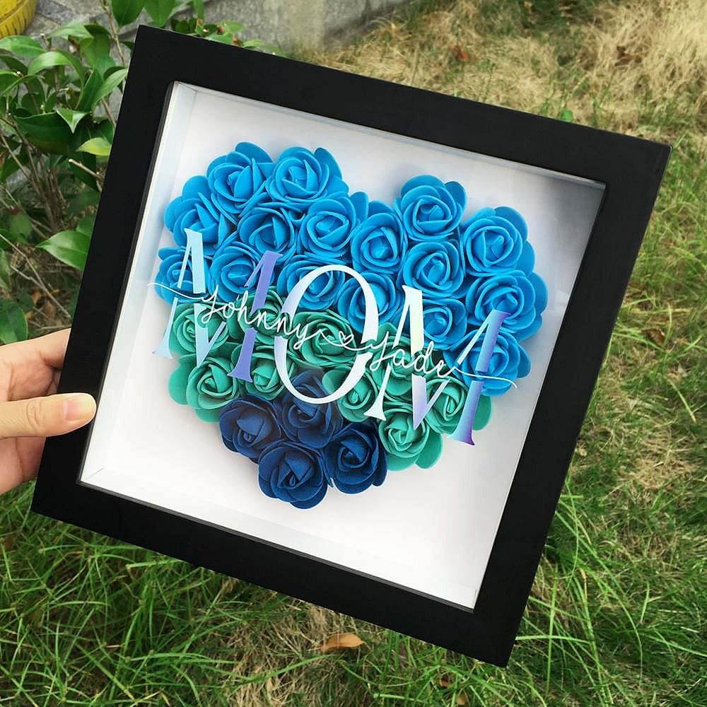 Mother's Day Flower Shadow Box, Personalized Mom Turquoise Heart Flower Shadow Box With Name For Mother's Day