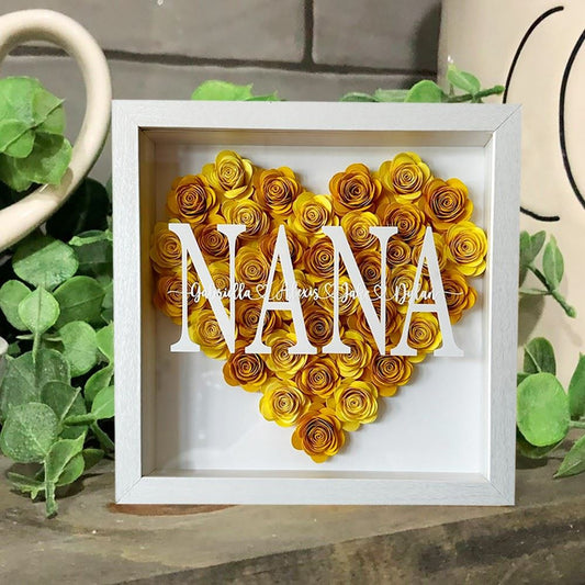 Mother's Day Flower Shadow Box, Personalized Nana Gold Flower Shadow Box With Grandkids Name For Mother's Day
