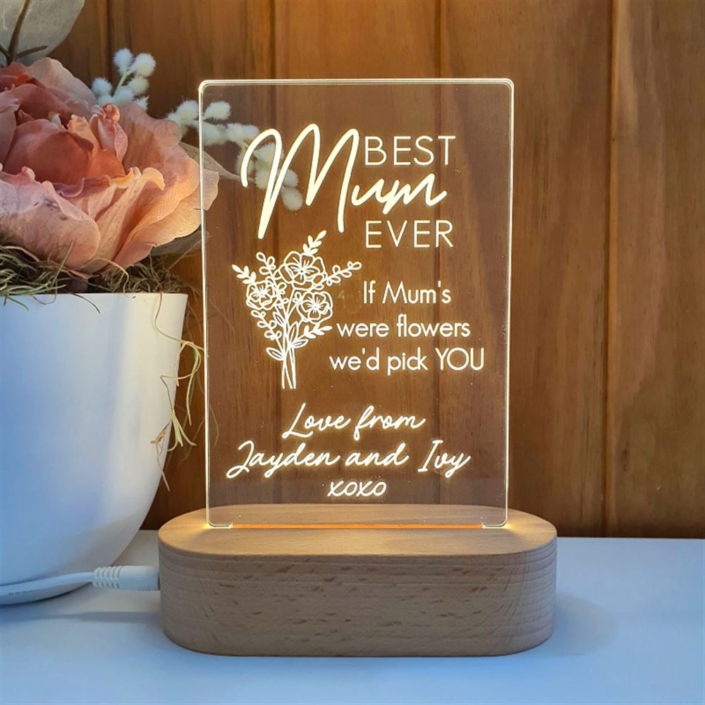 Mothers Day Gift Light Personalised, Best Mum Ever 3D Led Light Wooden Base, Mother's Day Led Light, Gift For Mom, Anniversary Gift