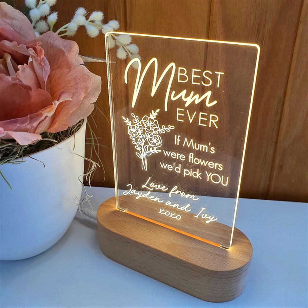 Mothers Day Gift Light Personalised, Best Mum Ever 3D Led Light Wooden Base, Mother's Day Led Light, Gift For Mom, Anniversary Gift