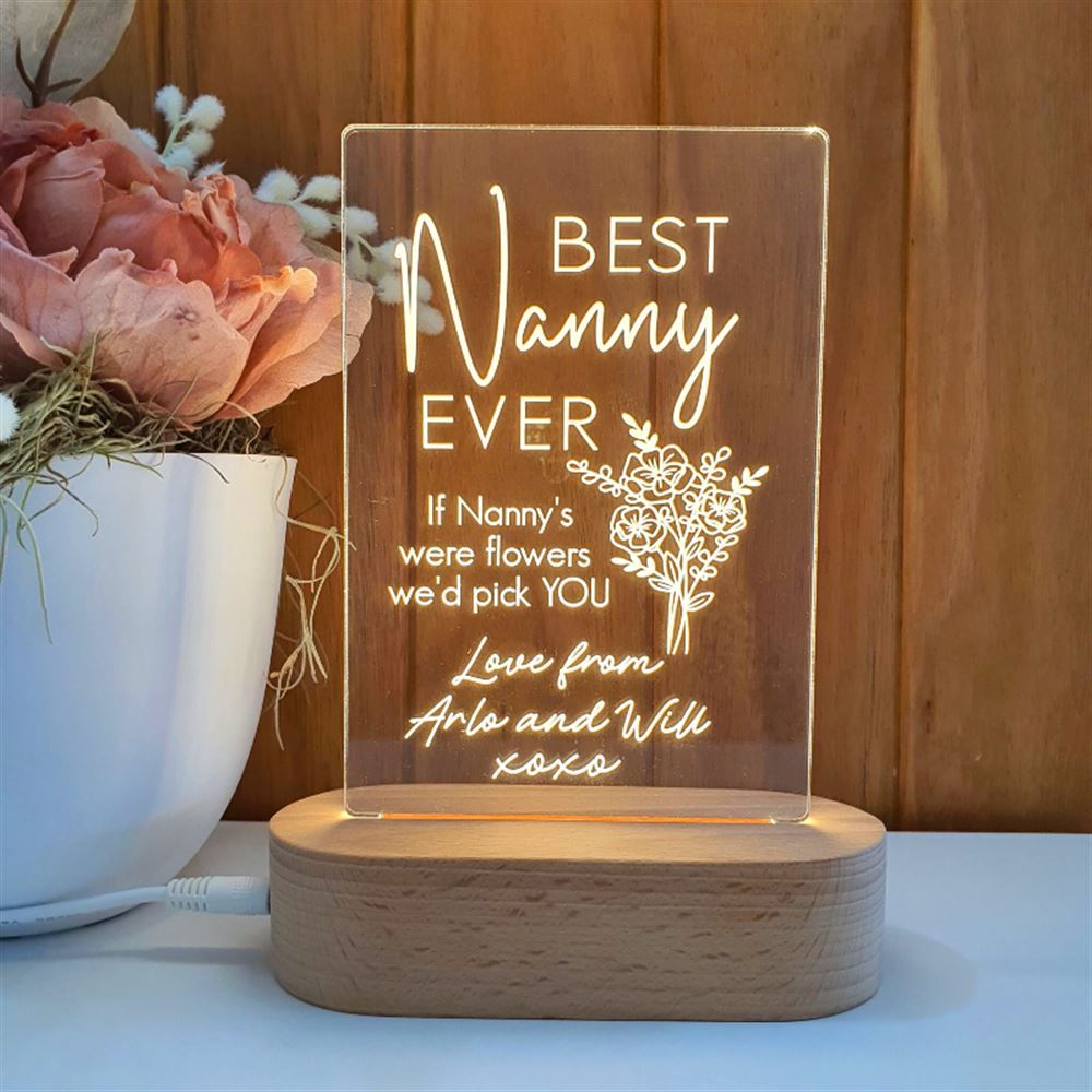 Mothers Day Gift Light Personalised, Best Nanny Ever Bouquet 3D Led Light Wooden Base, Mother's Day Led Light, Gift For Mom, Anniversary Gift