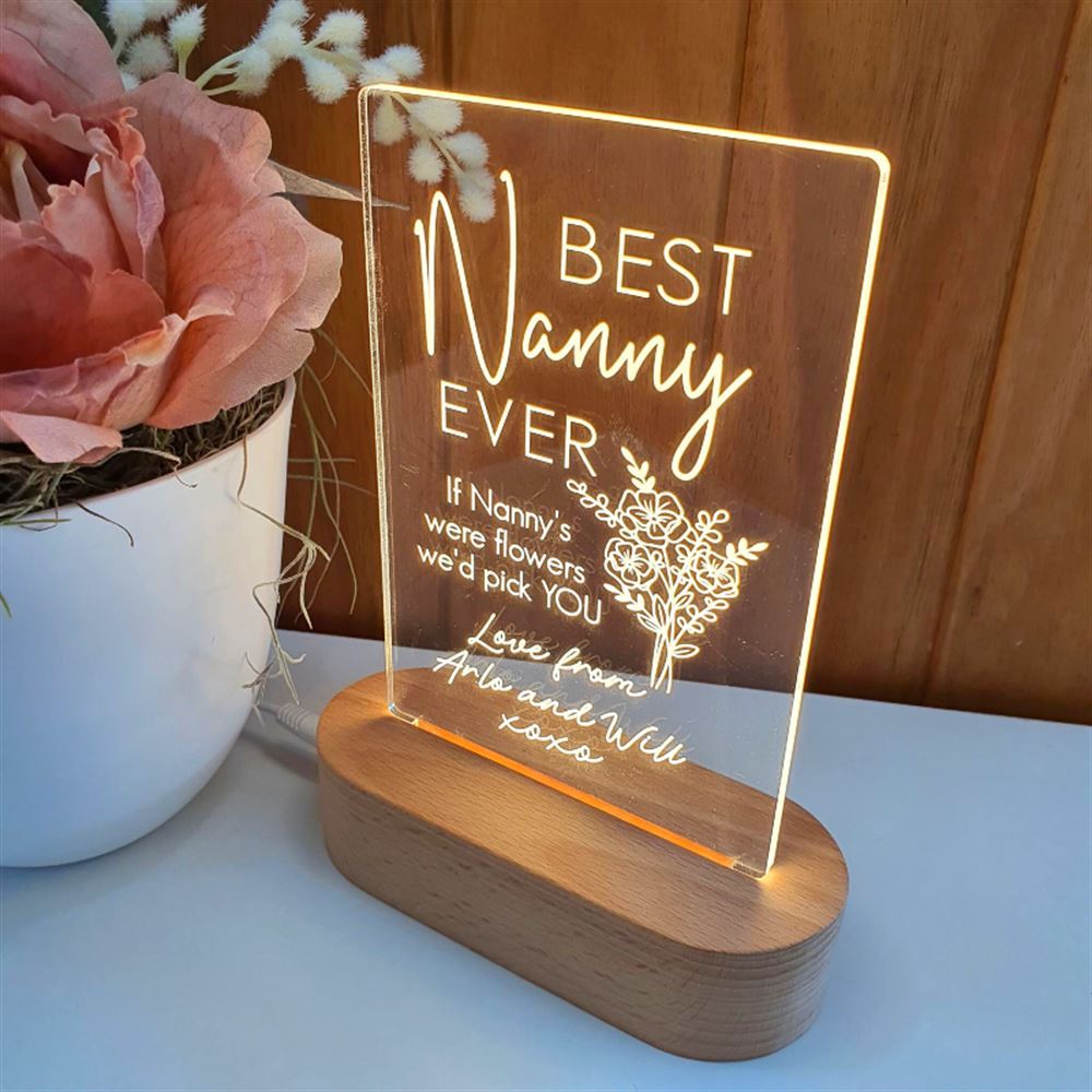 Mothers Day Gift Light Personalised, Best Nanny Ever Bouquet 3D Led Light Wooden Base, Mother's Day Led Light, Gift For Mom, Anniversary Gift