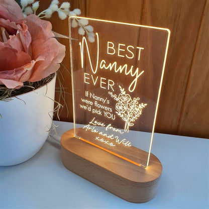 Mothers Day Gift Light Personalised, Best Nanny Ever Bouquet 3D Led Light Wooden Base, Mother's Day Led Light, Gift For Mom, Anniversary Gift