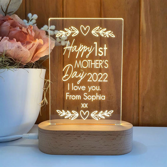 Mothers Day Gift Light Personalised, Happy 1st Mother's Day 3D Led Light Wooden Base, Mother's Day Led Light, Gift For Mom, Anniversary Gift