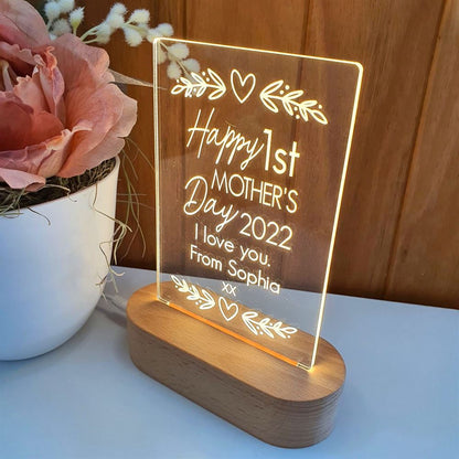 Mothers Day Gift Light Personalised, Happy 1st Mother's Day 3D Led Light Wooden Base, Mother's Day Led Light, Gift For Mom, Anniversary Gift