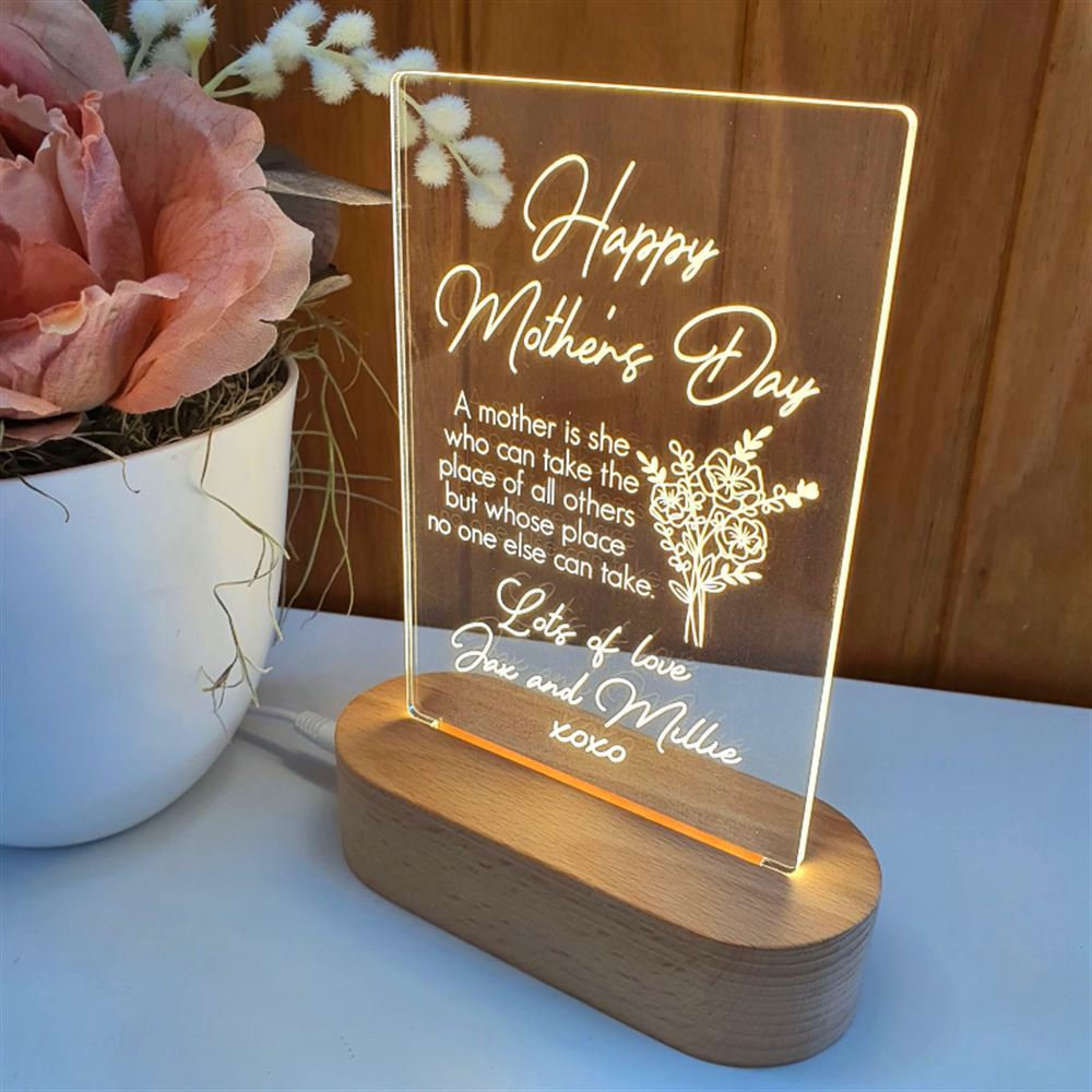 Mothers Day Gift Light Personalised, Happy Mother's Day Bouquet 3D Led Light Wooden Base, Mother's Day Led Light, Gift For Mom, Anniversary Gift