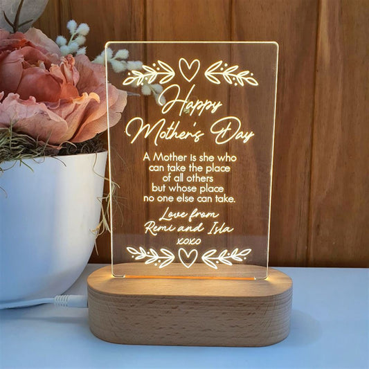 Mothers Day Gift Light Personalised, Heart Flourish 3D Led Light Wooden Base, Mother's Day Led Light, Gift For Mom, Anniversary Gift