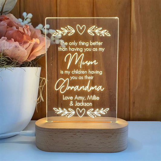 Mothers Day Gift Light Personalised, Mum and Grandma 3D Led Light Wooden Base, Mother's Day Led Light, Gift For Mom, Anniversary Gift
