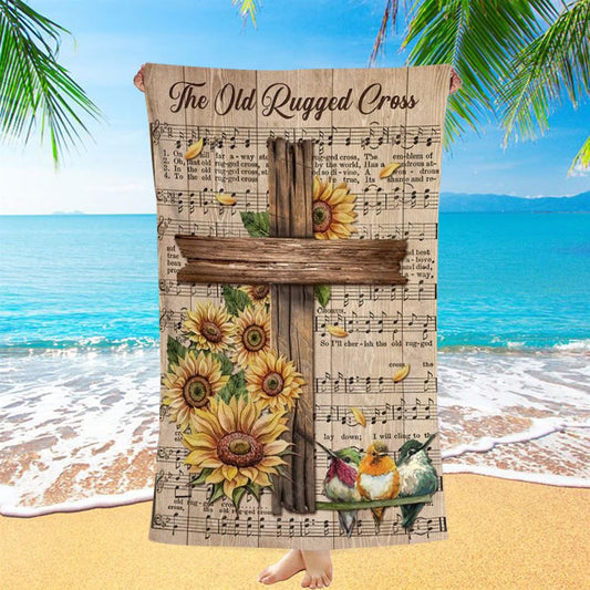Music Sheet, Colorful Hummingbird, Sunflower, The Old Rugged Cross Beach Towel, Christian Beach Towel, Christian Gift, Gift For Women