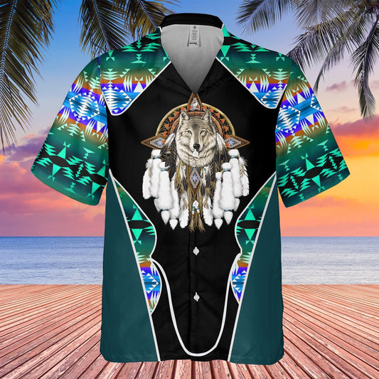 Native American Hawaiian Shirt, Cool Wolf Graphic Hawaiian Shirt, Wolf Native Hawaiian Shirt