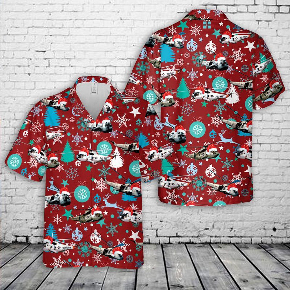 Navy Hawaiian Shirt, Navy Sikorsky Sh-3 Sea King Christmas Hawaiian Shirt, Navy Shirts Mens