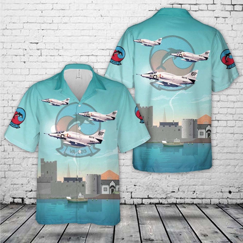 Navy Hawaiian Shirt, Us Navy A-4L Skyhawk Of Attack Squadron 203 (Va-203) Blue Dolphins Hawaiian Shirt, Navy Shirts Mens