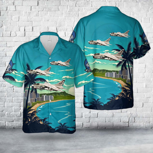 Navy Hawaiian Shirt, Us Navy A-7E Corsair Ii (Va-27  Cvw-14) Attack Squadron 27 (Atkron 27) Va-27 Royal Maces Hawaiian Shirt, Navy Shirts Mens
